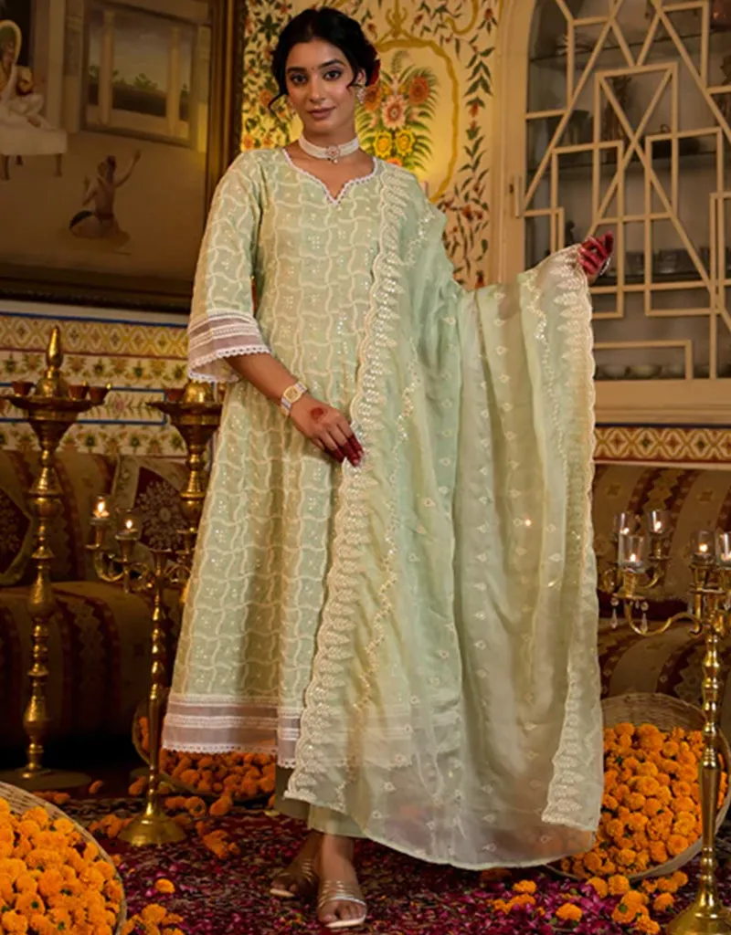 Anarkali Kurta Trouser With Dupatta Set Pista Green Pure Cotton Pant Anarkali