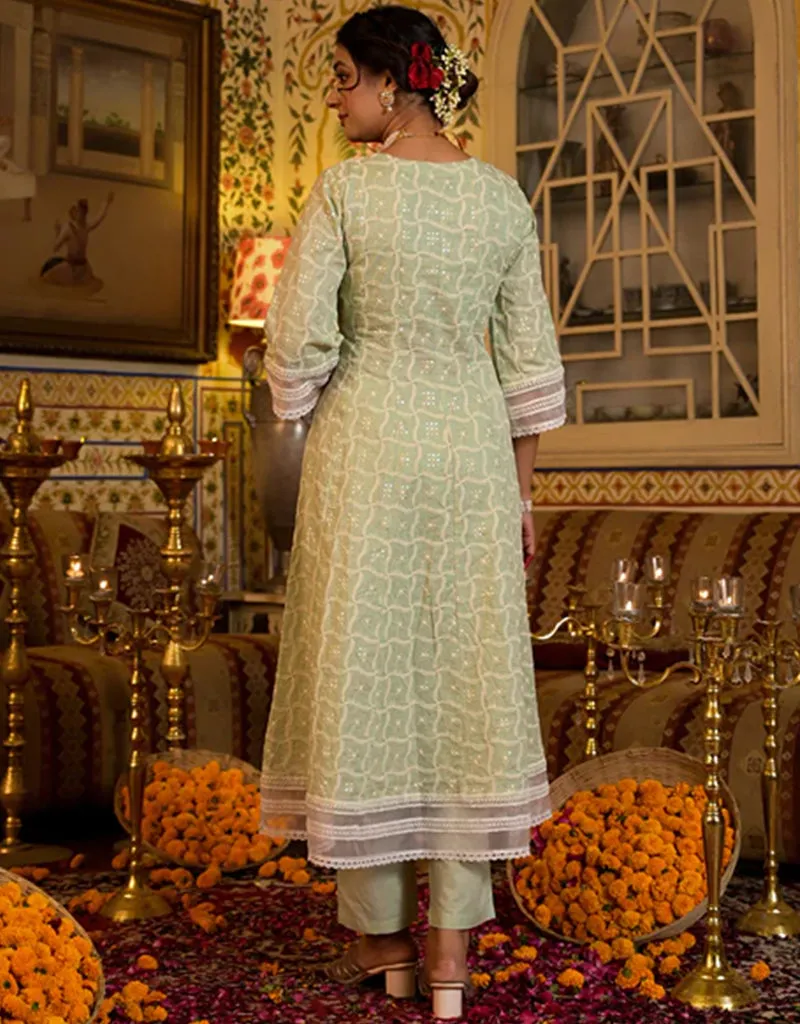 Anarkali Kurta Trouser With Dupatta Set Pista Green Pure Cotton Pant Anarkali