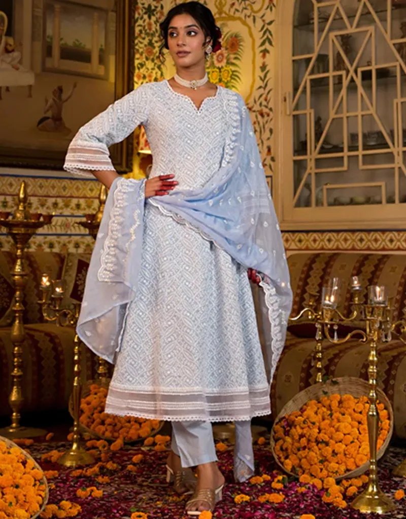 Anarkali Kurta Trouser With Dupatta Set Sky Blue Pure Cotton Pant Anarkali