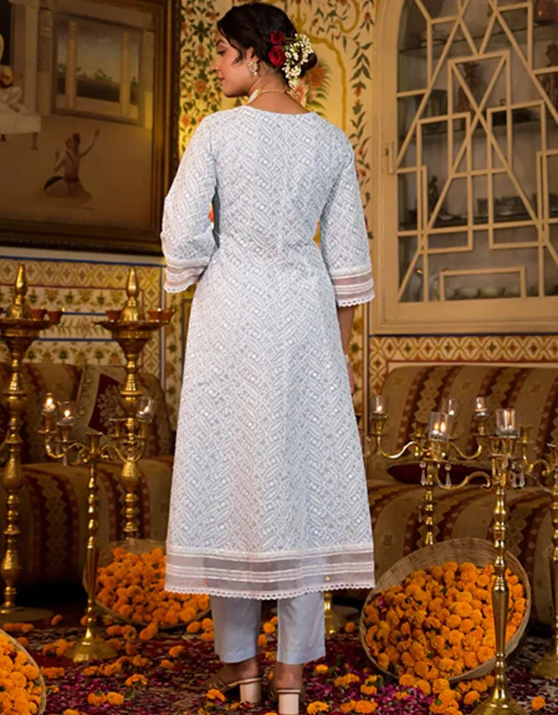 Anarkali Kurta Trouser With Dupatta Set Sky Blue Pure Cotton Pant Anarkali