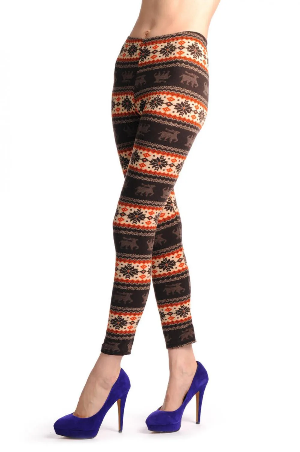 Beige Orange & Brown With Reindeers Aztec Jacquard Knit Print