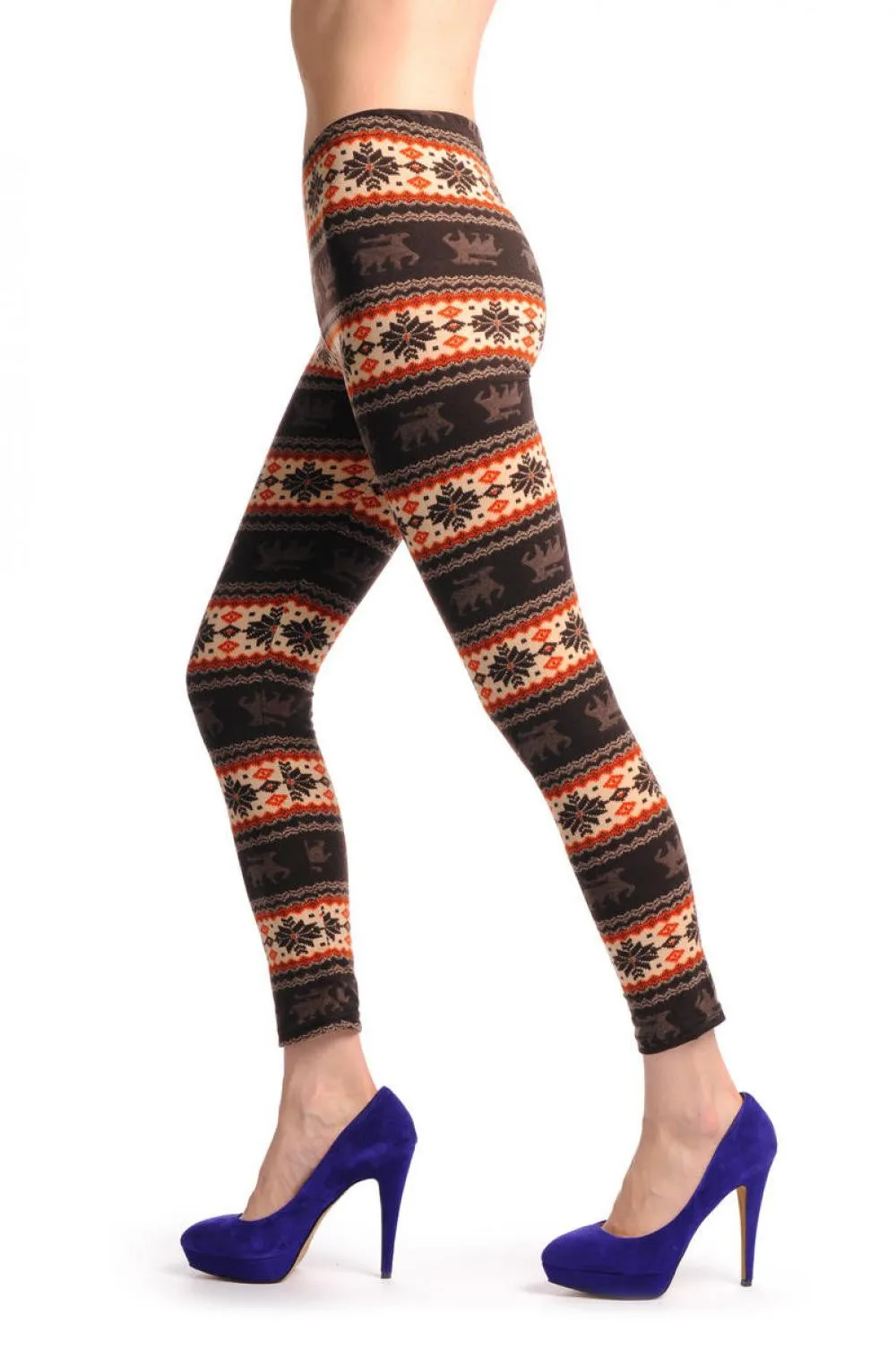 Beige Orange & Brown With Reindeers Aztec Jacquard Knit Print