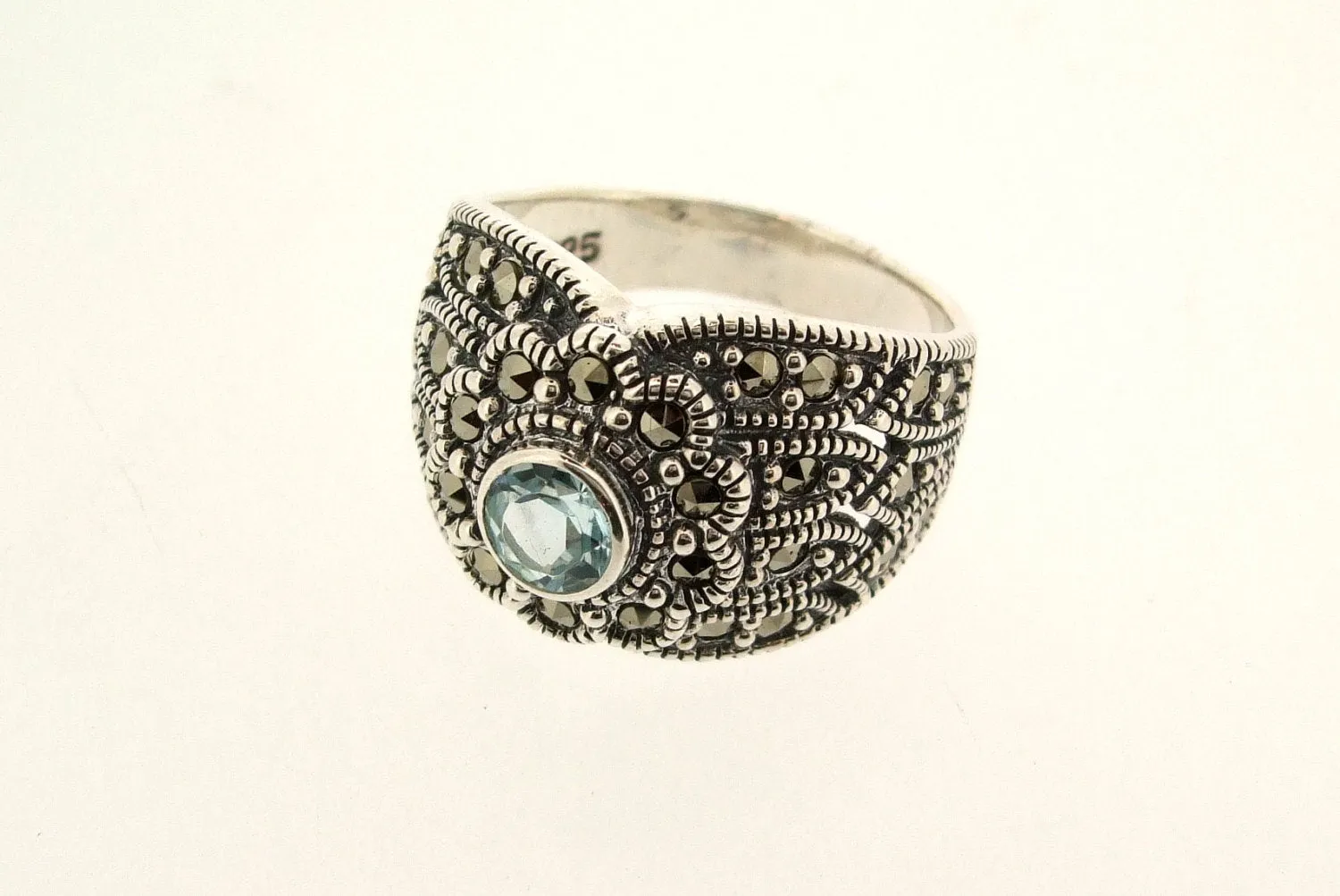 Blue Topaz Spiraled Silver Marcasite Ring