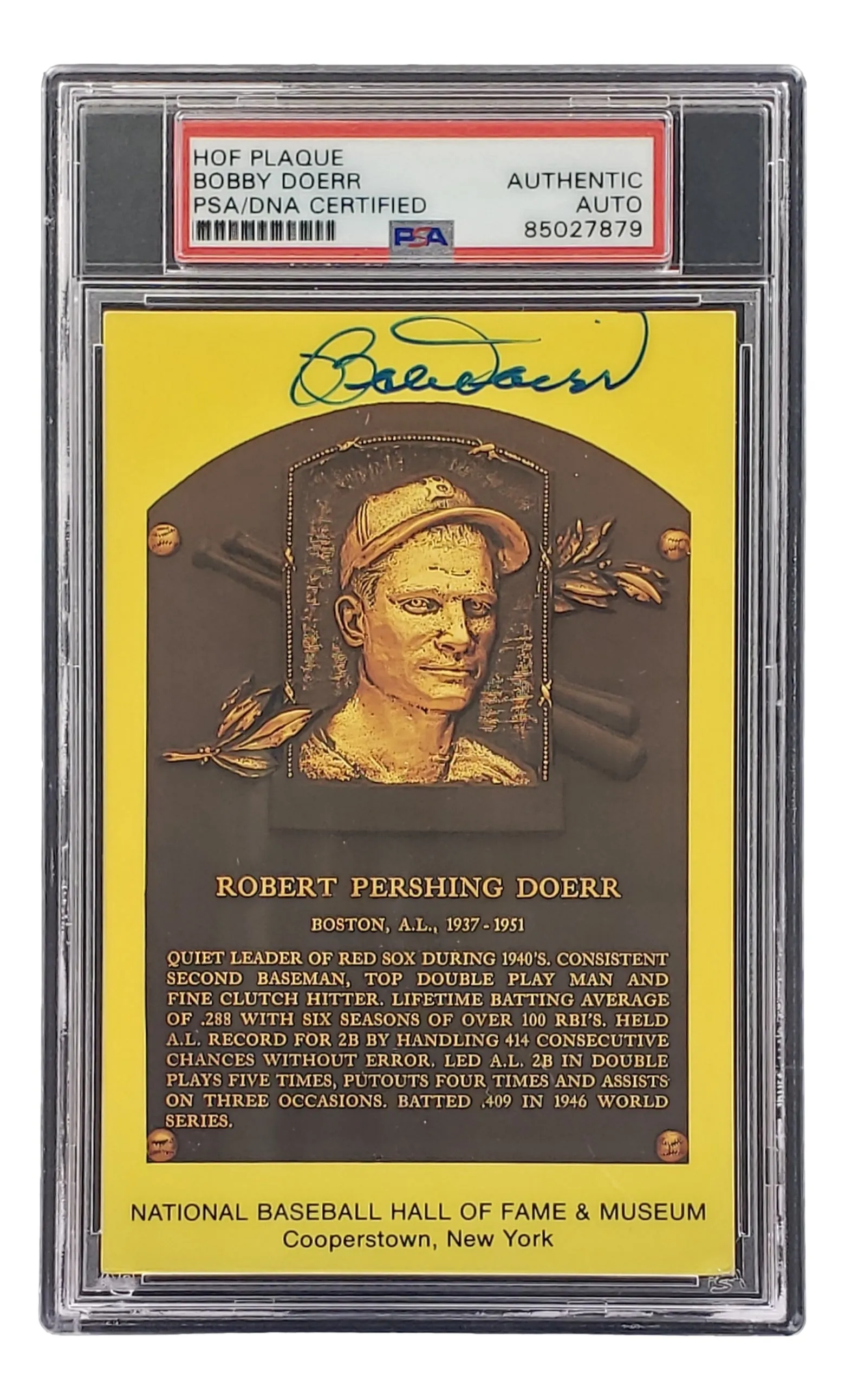 Bobby Doerr Signed 4x6 Boston Red Sox HOF Plaque Card PSA/DNA 85027879