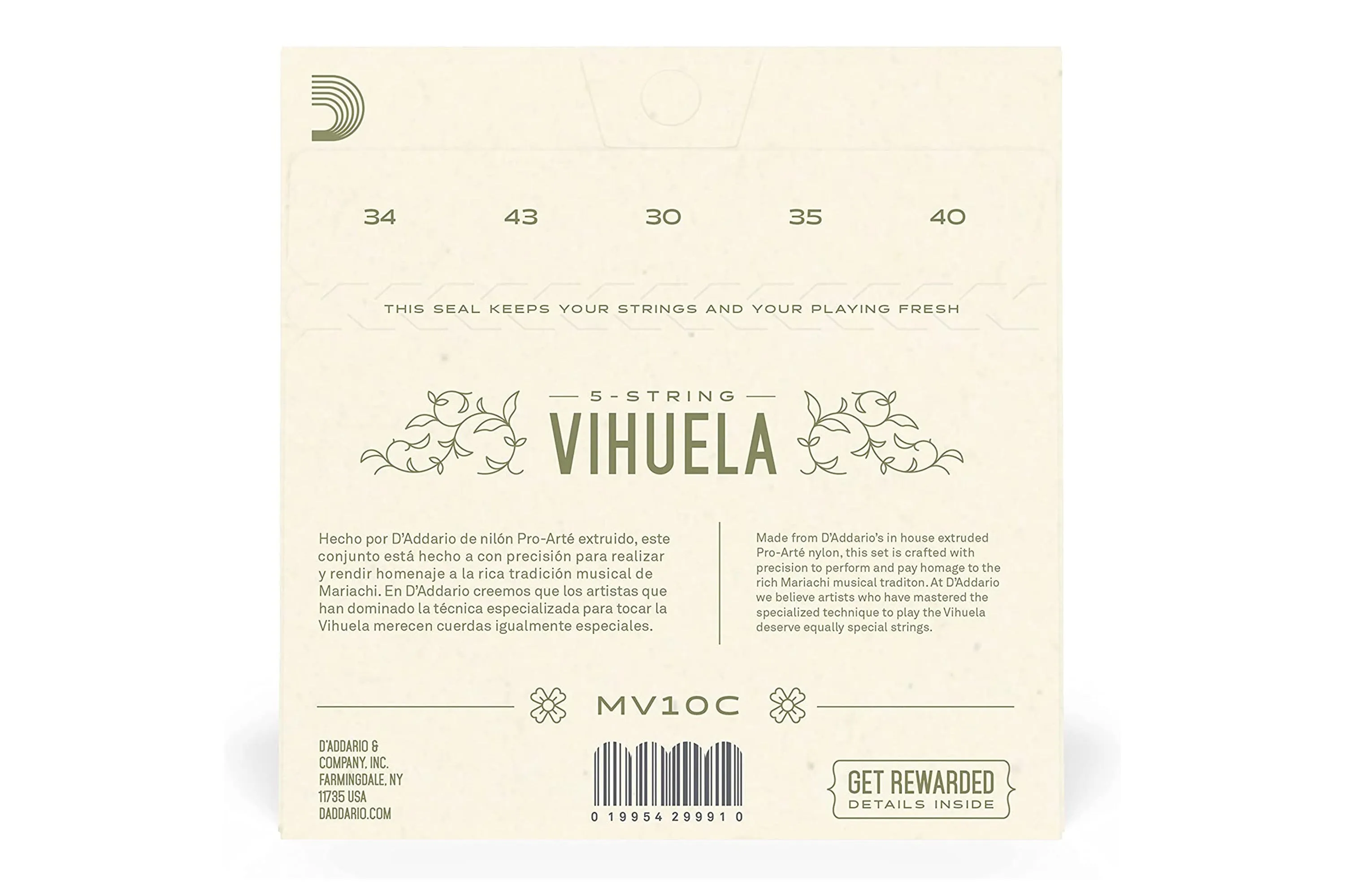 D'Addario MV10C Pro-Arté Nylon 5-String Vihuela Strings - Custom Hard Tension .034-.040