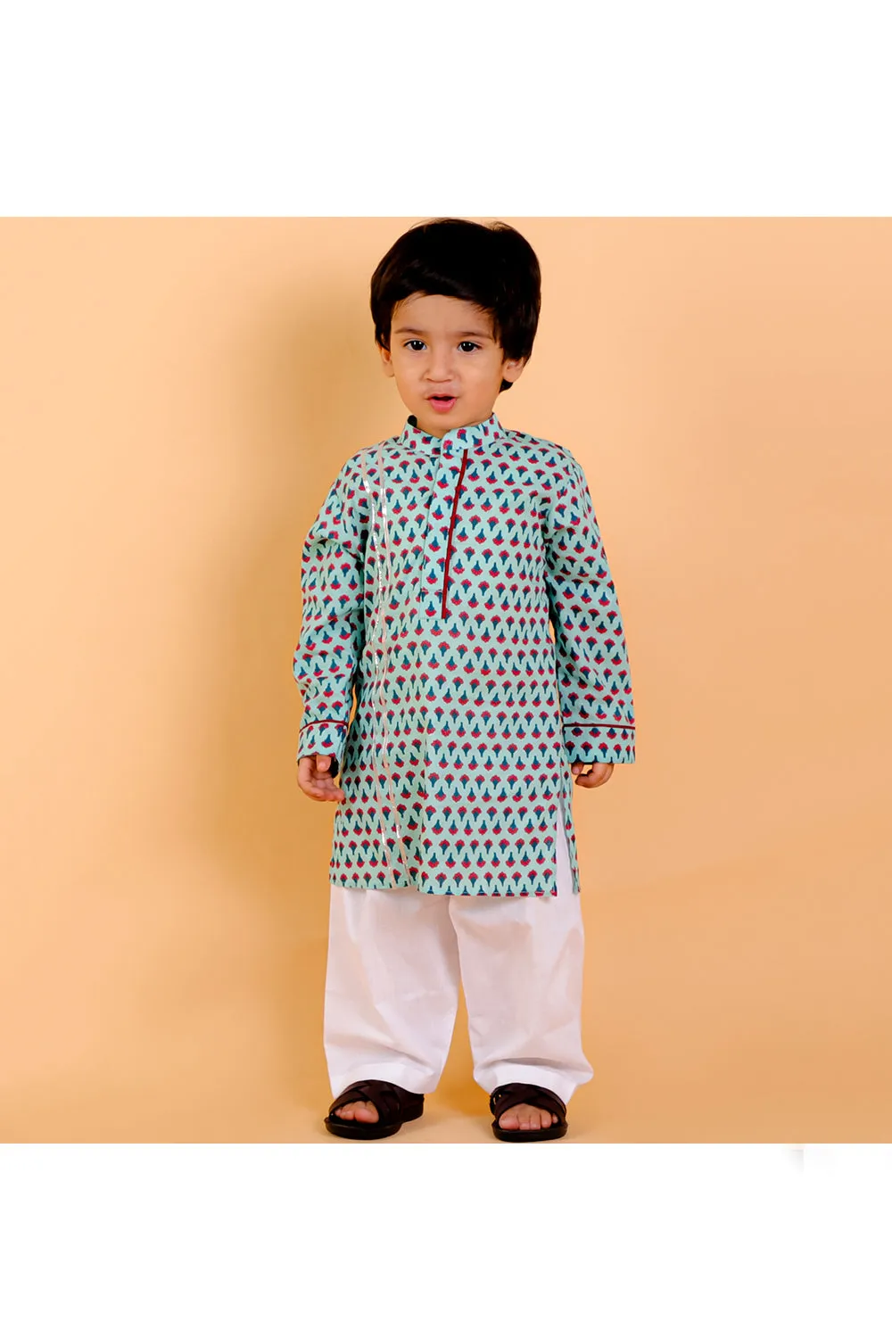 Light blue block printed kurta with white pyjama set