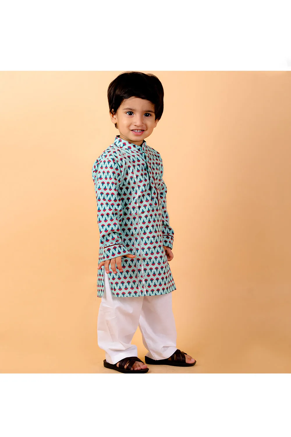 Light blue block printed kurta with white pyjama set
