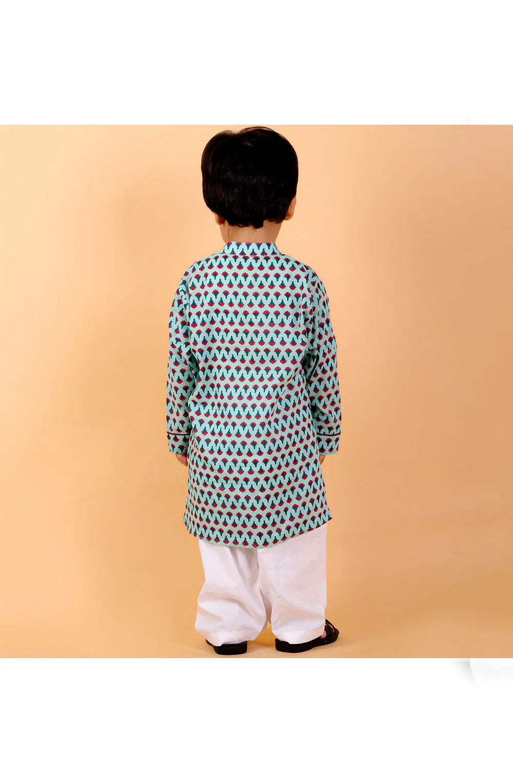 Light blue block printed kurta with white pyjama set