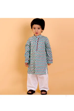 Light blue block printed kurta with white pyjama set