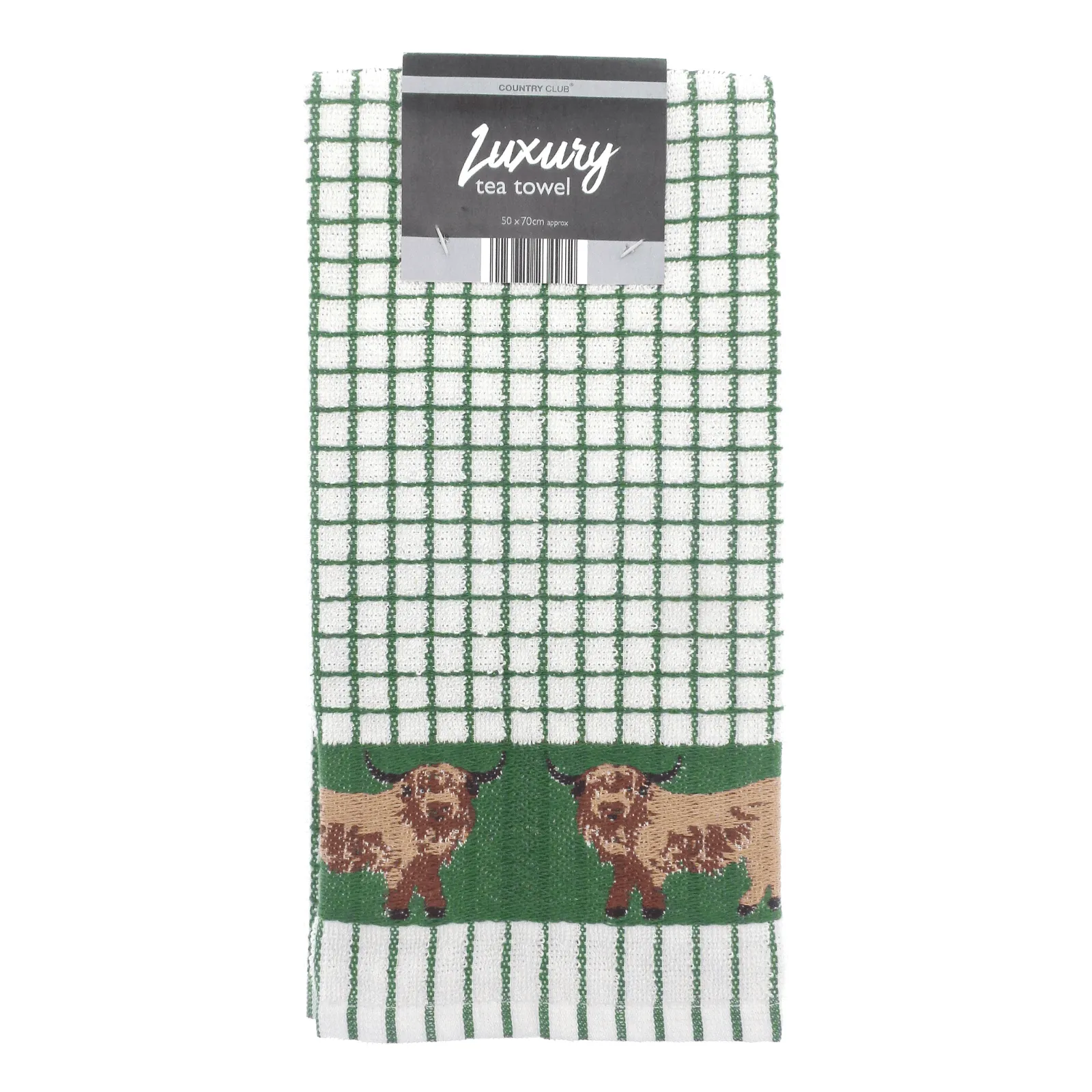 Luxury Jacquard Highland Cow Border Tea Towel Green Check
