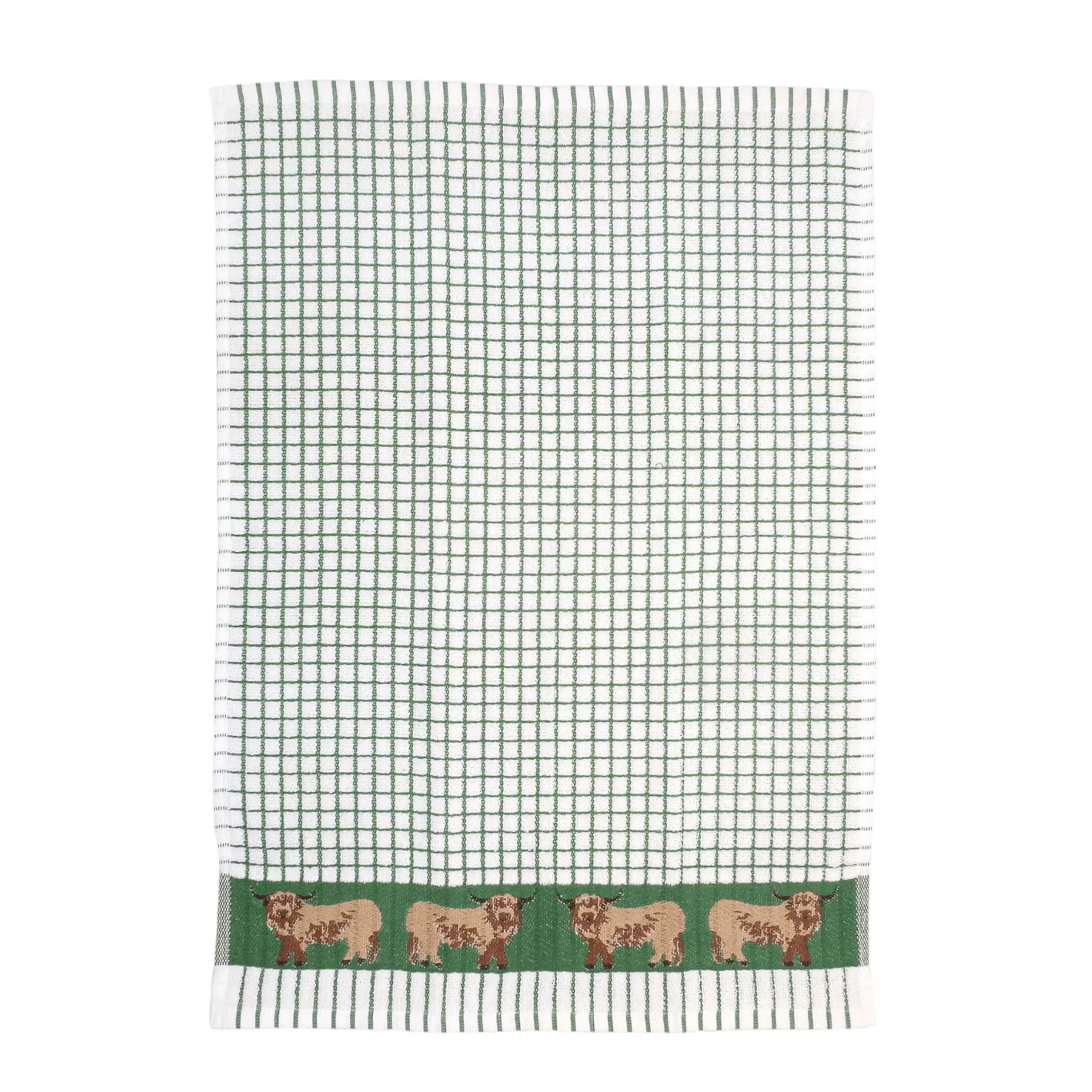 Luxury Jacquard Highland Cow Border Tea Towel Green Check