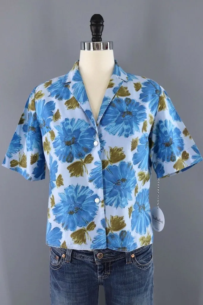 Vintage Blue Floral Print Blouse