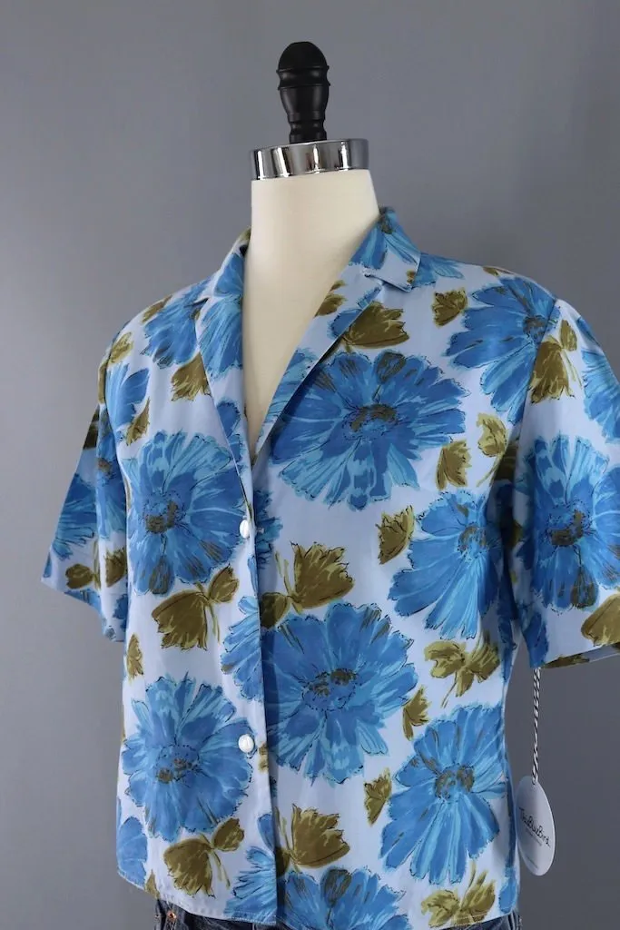 Vintage Blue Floral Print Blouse