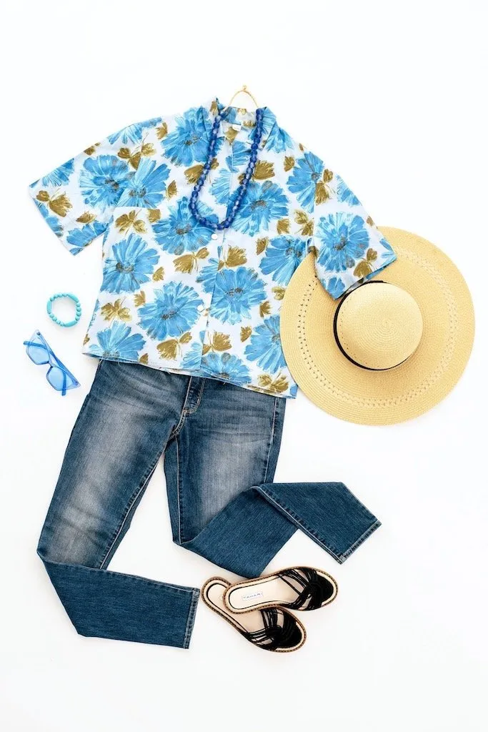 Vintage Blue Floral Print Blouse