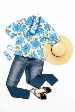 Vintage Blue Floral Print Blouse