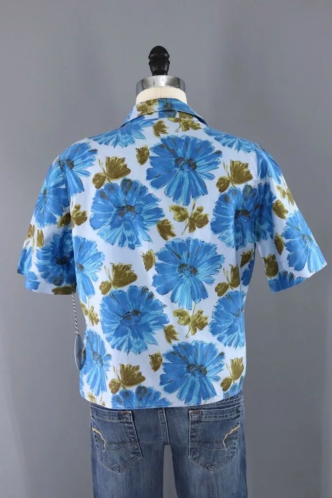 Vintage Blue Floral Print Blouse