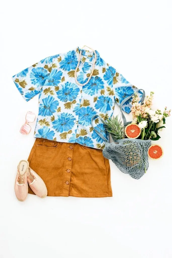 Vintage Blue Floral Print Blouse