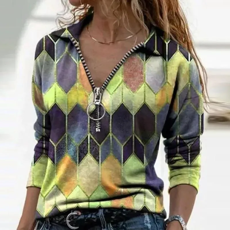 Women  Geometric Long Sleeve  V-Neck Casual Sweat Shirts