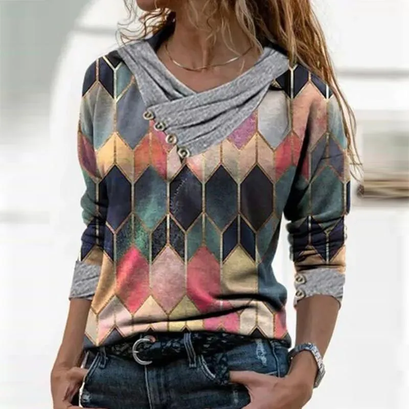 Women  Geometric Long Sleeve  V-Neck Casual Sweat Shirts