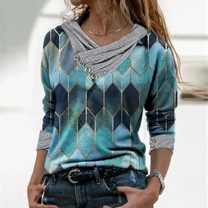 Women  Geometric Long Sleeve  V-Neck Casual Sweat Shirts