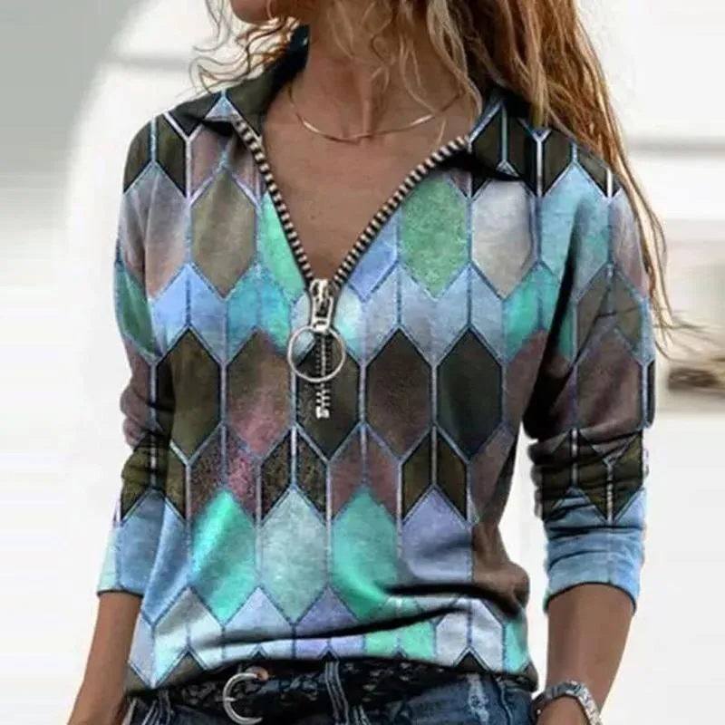 Women  Geometric Long Sleeve  V-Neck Casual Sweat Shirts