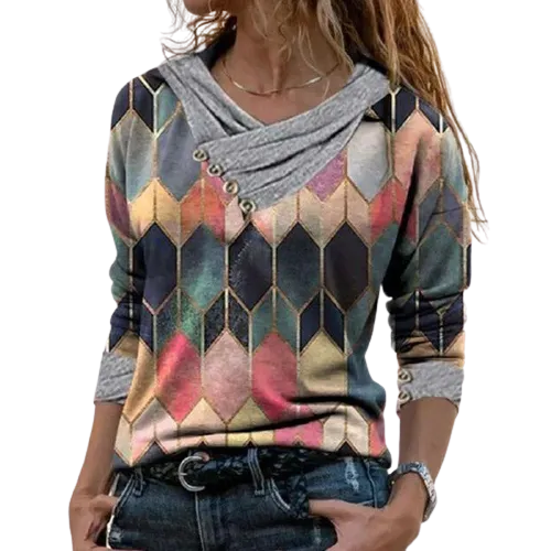 Women  Geometric Long Sleeve  V-Neck Casual Sweat Shirts