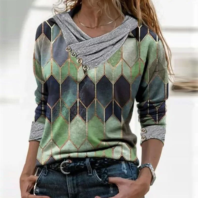 Women  Geometric Long Sleeve  V-Neck Casual Sweat Shirts