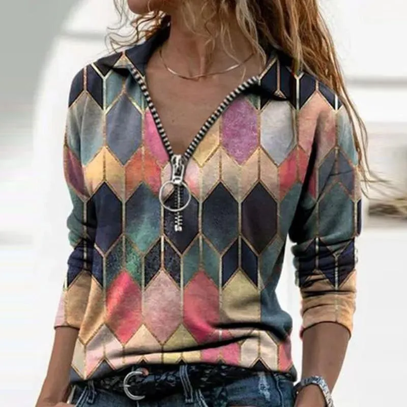Women  Geometric Long Sleeve  V-Neck Casual Sweat Shirts